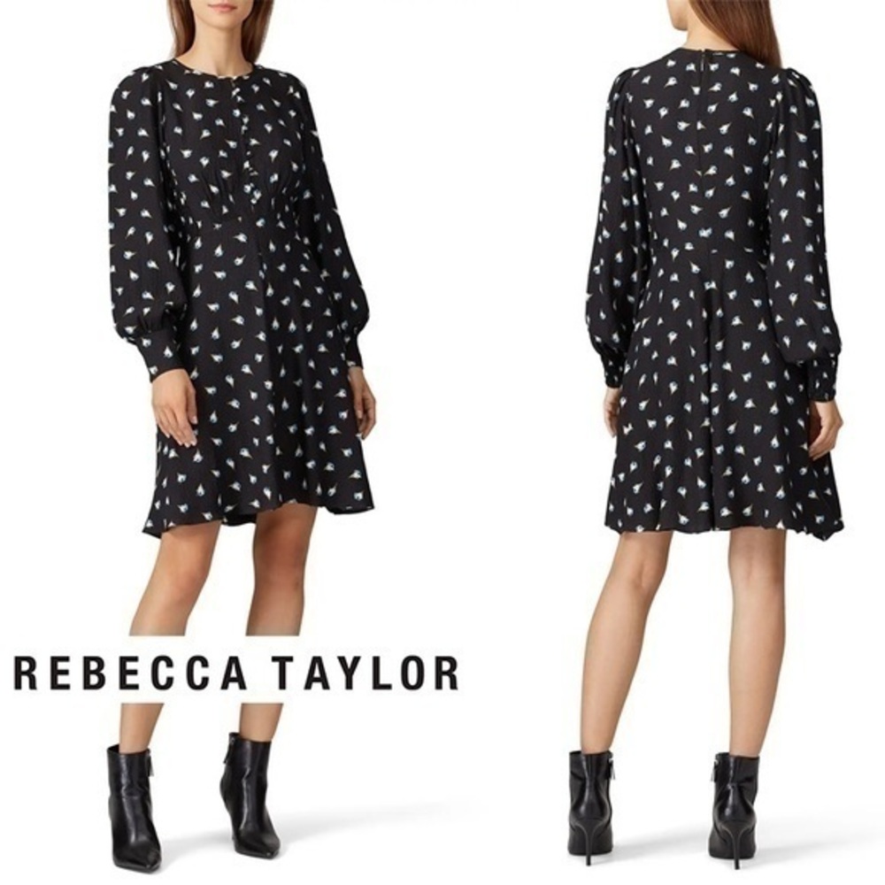 💥SALE💥 Rebecca Taylor NWOT Silk Black Floral Long Sleeve Mini Dress XS (2)